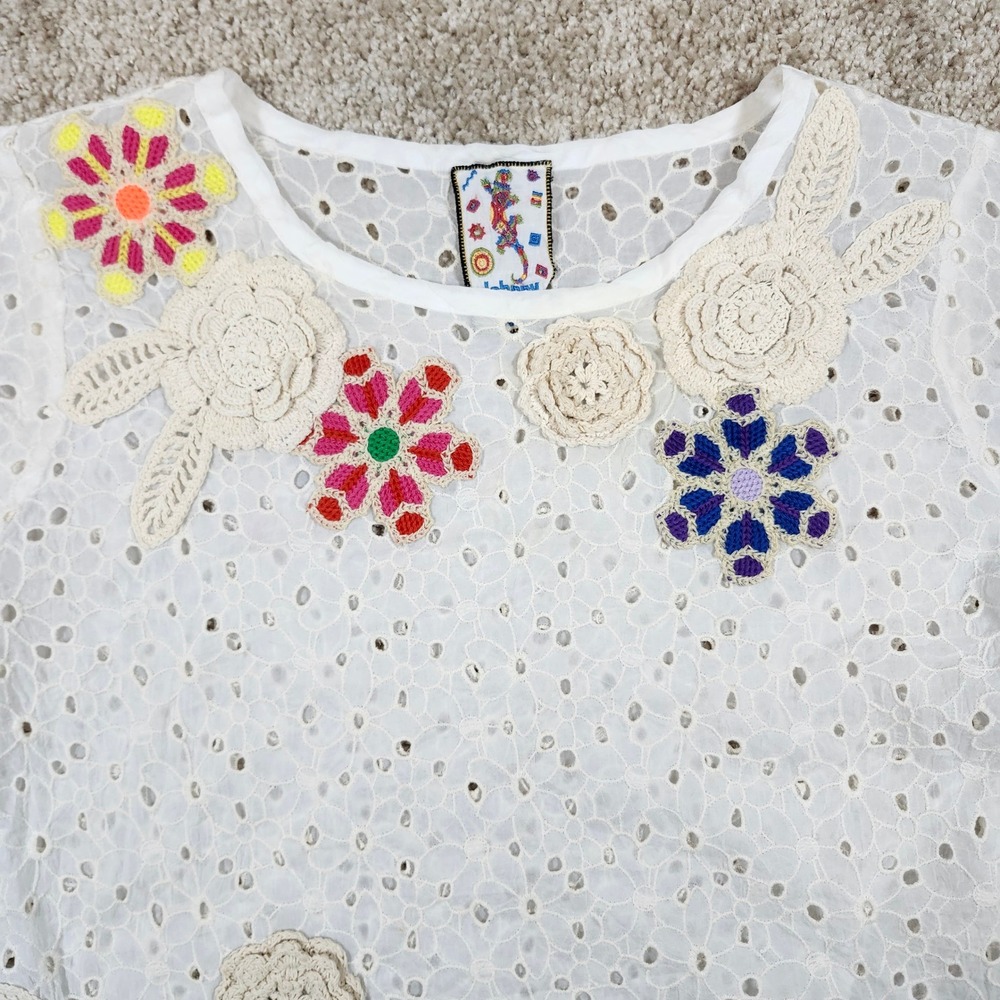 Johnny Was Nydia Applique Eyelet Top Floral Crochet Boho White S - Picture 3 of 10